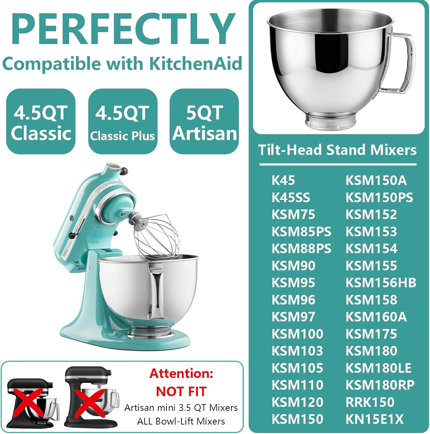 5 QT Stand Mixer Bowls Fit for Kitchenaid Artisan & Classic Series 4.5-5 Quart Tilt Head Stand Mixers Stainless Steel Mixing Bowls with Handle Stand Mixer Replacement/Accessories Bowls Polished - Image 7