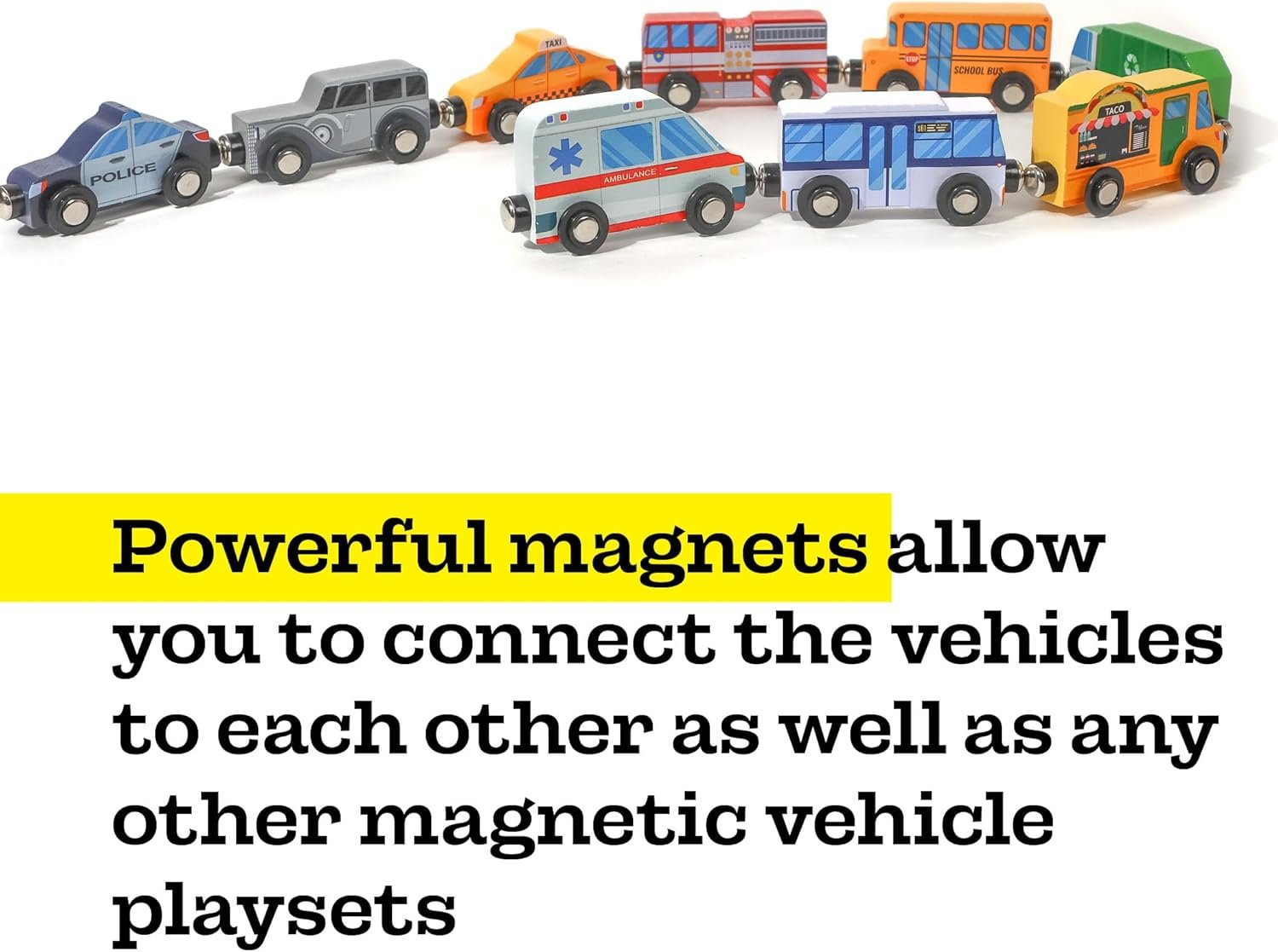 9 Piece Wooden Cars with Magnets - City Vehicles, Emergency Trucks, School Bus, Police, Fire, Ambulance, Taco Truck Toy - Community Helpers Play Set - Zany Trains - Image 6