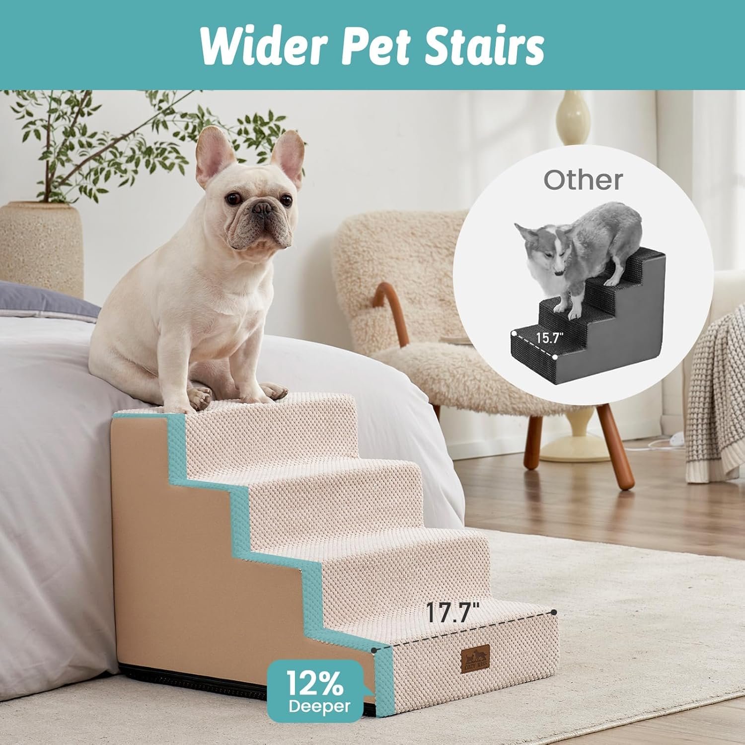 Dog Stairs for Small Dogs, 4 Tier Wider Pet Stairs for Couch and Beds, 17.7" H Non-Slip Dog Steps for Old Cats, Puppy, Small Medium Dogs, 17.7x23.6x17.7 inch, Beige - Image 3