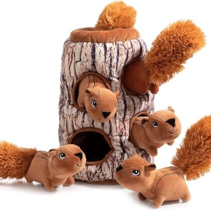 Hollypet Hide and Seek Squeaky Dog Toy, Designed Interactive Puzzle Plush Stuffed Puppy Toy, Squirrel