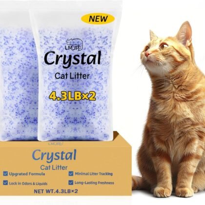 Crystal Cat Litter with Powerful Odor Control, Non-Clumping, Lasts Up to 2 Months, 8.6lb, Rapid Water Absorption, Unscented & Low Tracking Lightweight Blue & White Silica
