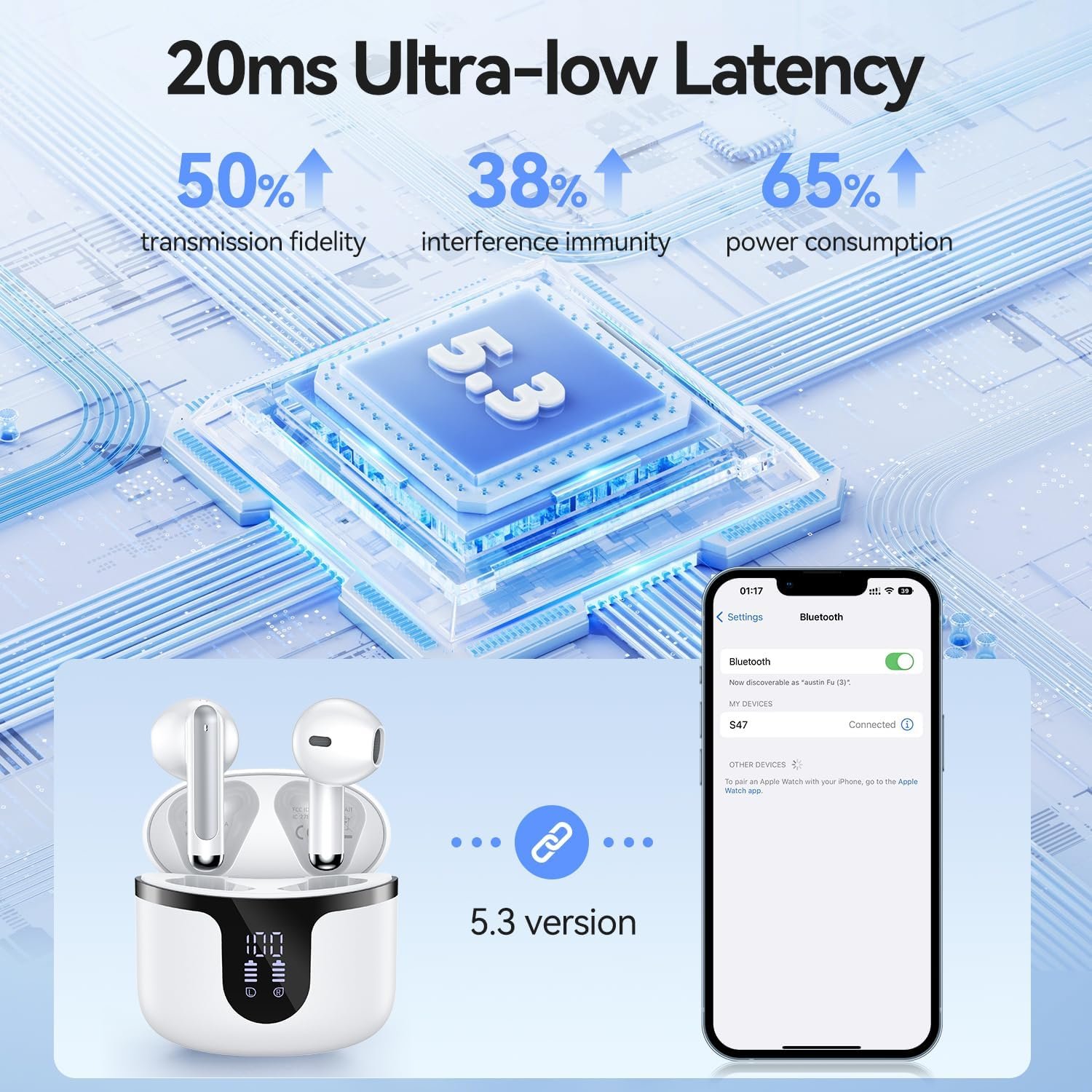 Wireless Earbuds, Bluetooth 5.3 Headphones Deep Bass Stereo Sound with ENC Noise Cancellation Wireless Headphones with 50H Playback and LED Display, IPX7 Waterproof Ear Buds White - Image 4