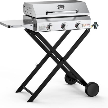 Portable Propane Gas Griddle 3-Burner with Foldable Cart & Side Table, Flat Top Gas Grill Griddle Stove with Lid, for Outdoor Cooking Patio Backyard Camping RV Tailgating Beach, GS310
