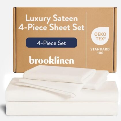 Brooklinen Luxury Sateen 4 Piece Sheet Set - 100% Cotton Bed Sheets, Soft & Durable King Size Sheets Set in Cream, Oeko-TEX Certified Bedding Set, 1 Fitted Sheet, 1 Flat Sheet, 2 Pillowcases