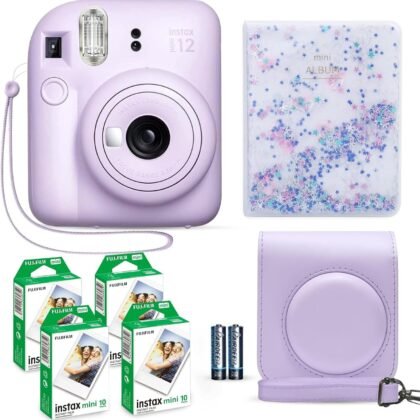 Fujifilm Instax Mini 12 Instant Camera Lilac Purple + Fuji Film Value Pack (40 Sheets) + Shutter Accessories Bundle, Incl. Compatible Carrying Case, Quicksand Beads Photo Album 64 Pockets