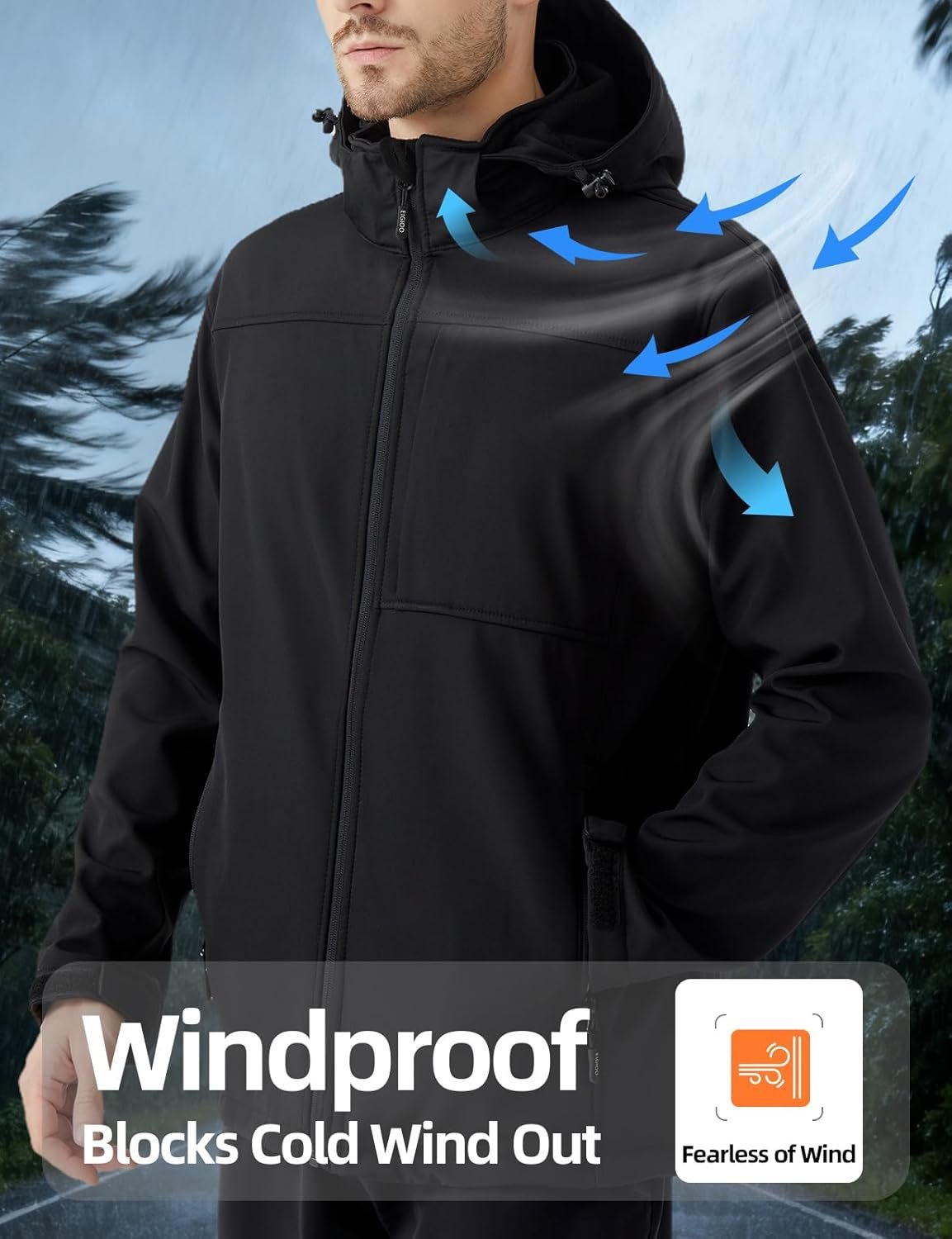 Men's Softshell Jacket Waterproof Fleece Lined with Hood Windbreaker Rain Shell Outerwear for Outdoor Hiking - Image 6
