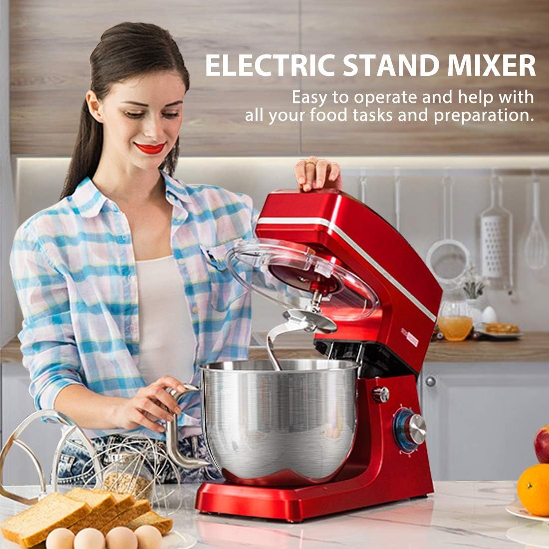 VIVOHOME 7.5 Quart Stand Mixer, 660W 6-Speed Tilt-Head Kitchen Electric Food Mixer with Beater, Dough Hook, Wire Whip, and Egg Separator, Red - Image 3