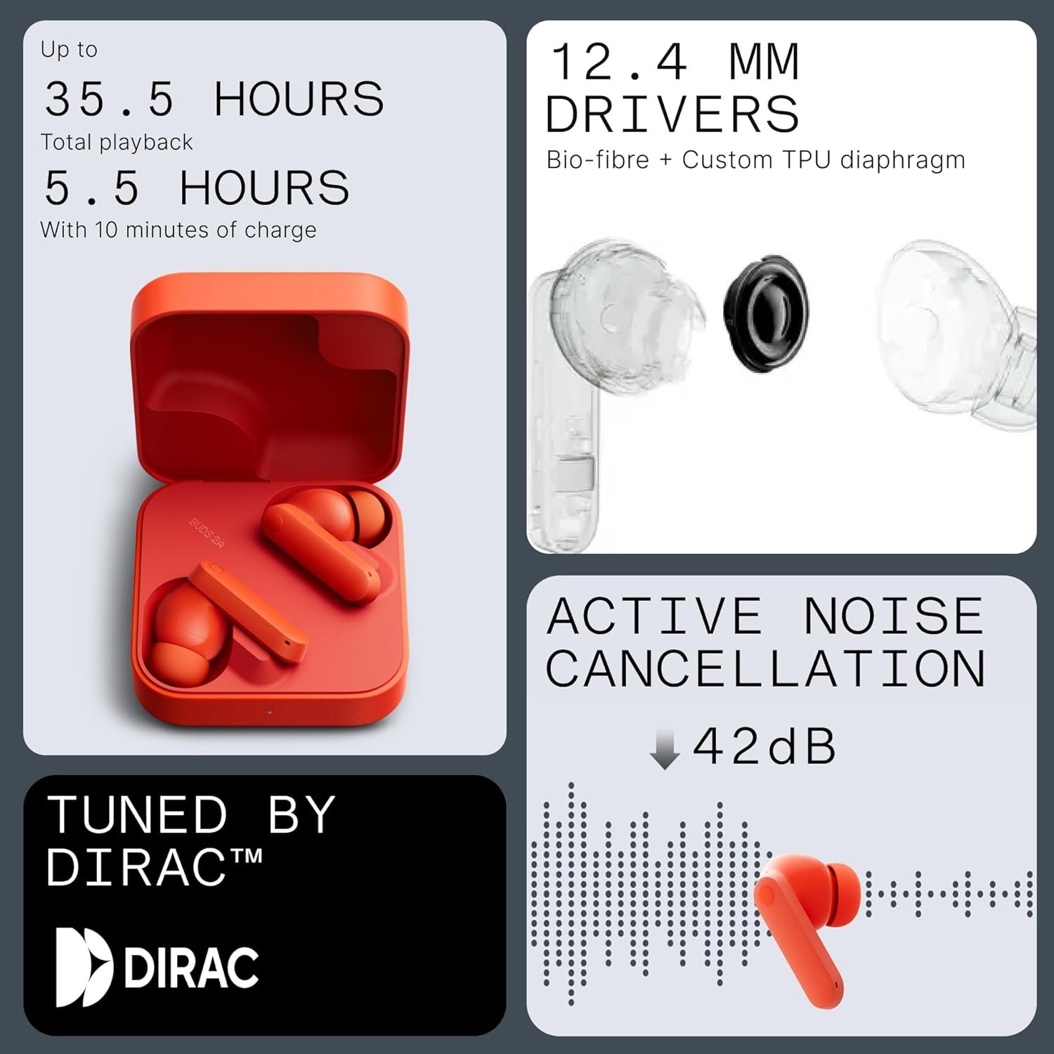 CMF Buds 2a Wireless Earbuds 2025 New Active Noise Cancelling 42dB Hybrid ANC Bluetooth Headphones, 12.4mm Dynamic Driver for Big Bass, 4 Mics Clear Calls, Sport Ear Buds for iPhone, Android, Orange - Image 4