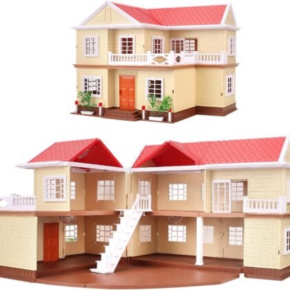 Family Cozy Cabin Doll House Playset, Dollhouse Furniture and Accessories,DIY Cottage Pretend Play Dollhouses, for Toddlers, Boys & Girls