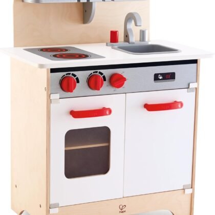 Hape Gourmet Kitchen Toy Fully Equipped Wooden Pretend Play Kitchen Set with Sink, Stove, Baking Oven, Cabinet, Turnable Knobs & Spice Shelf, Red