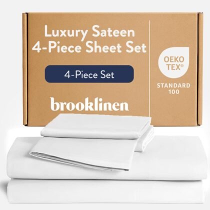 Brooklinen Luxury Sateen 4 Piece Sheet Set - 100% Cotton Bed Sheets, Soft & Durable Piece King Size Sheets Set in White, Oeko-TEX Certified Bedding Set, 1 Fitted Sheet, 1 Flat Sheet, 2 Pillowcases