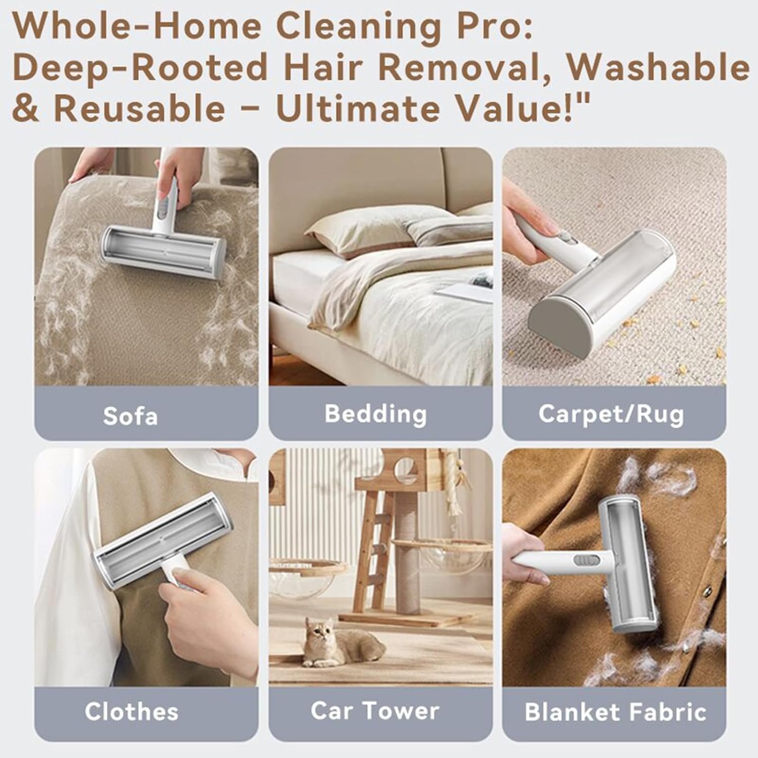 Pet Hair Remover, Lint Brush - Reusable Lint Roller for Cat & Dog Hair on Couch, Carpet, Rugs & Bedding - Portable, Eco-Friendly, No Need for Lint Roller Refills (Brown & White) - Image 5