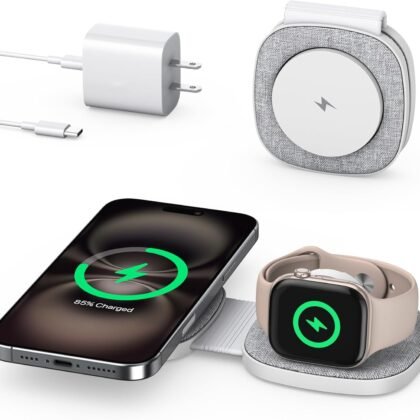 Flodable 2 in 1 Mag-Safe Wireless Charger for iPhone 16 15 14 13 12 Series,Apple Watch Series/Ultra/SE,Airpods/Pro,Portable Magsafe Charger 3 in 1 Wireless Charging Station (Grey with 20W PD Charger)