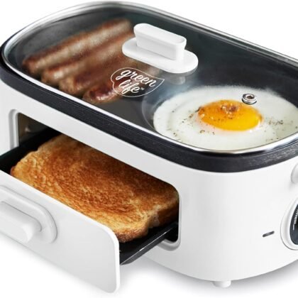 GreenLife 3-in-1 Breakfast Maker Station, Healthy Ceramic Nonstick Dual Griddles for Eggs Meat Sausage Bacon Pancakes and Breakfast Sandwiches, 2 Slice Toast Drawer, Easy-to-use Timer, White