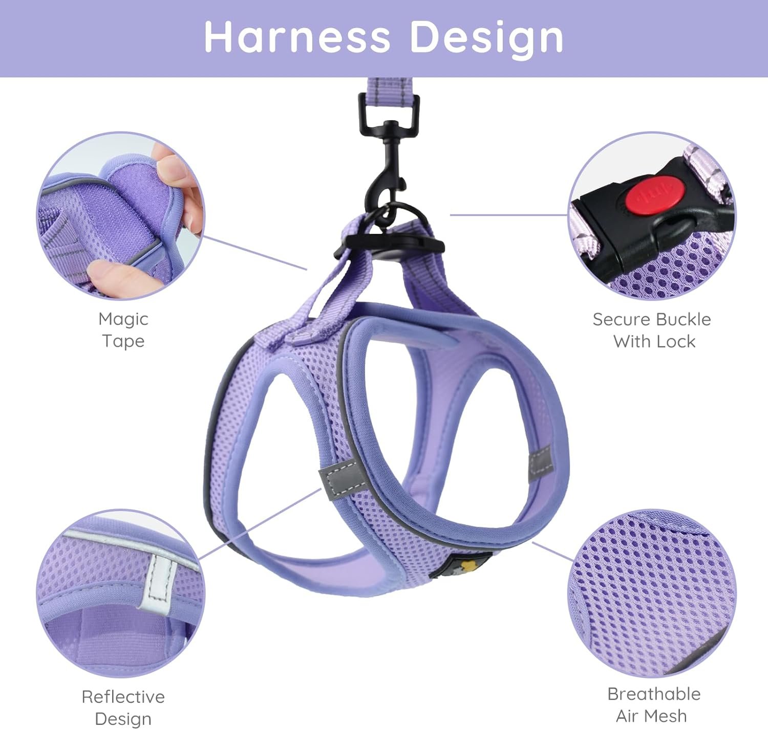BELLA & PAL Step in Vest Harness for Small and Medium Dogs, No Pull Small Dog Harness with Leash Set, Comfortable Air Mesh Dog Vest Harness with Reflective Strip (Lavender, S) - Image 2