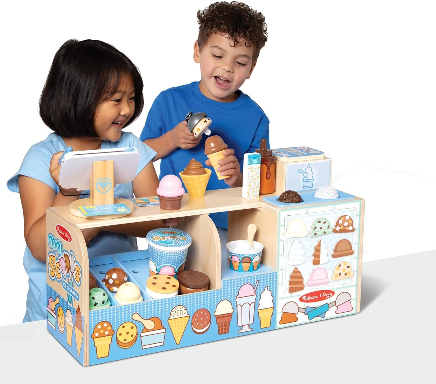 Melissa & Doug Cool Scoops Ice Creamery, Wooden Ice Cream Shop & Counter with Play Food & Play Kitchen Accessories, Preschool Learning Toys for Girls & Boys 3+ - FSC Certified - Image 8