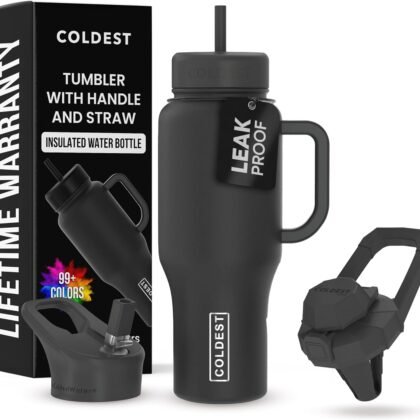 Coldest Tumbler with Handle and Straw - 100% Leak Proof Insulated Tumbler with Lid and Straw (3 Lids) - Stainless Steel Tumblers for Women & Men - Cup Holder Friendly Base, 36 oz (Stealth Black)
