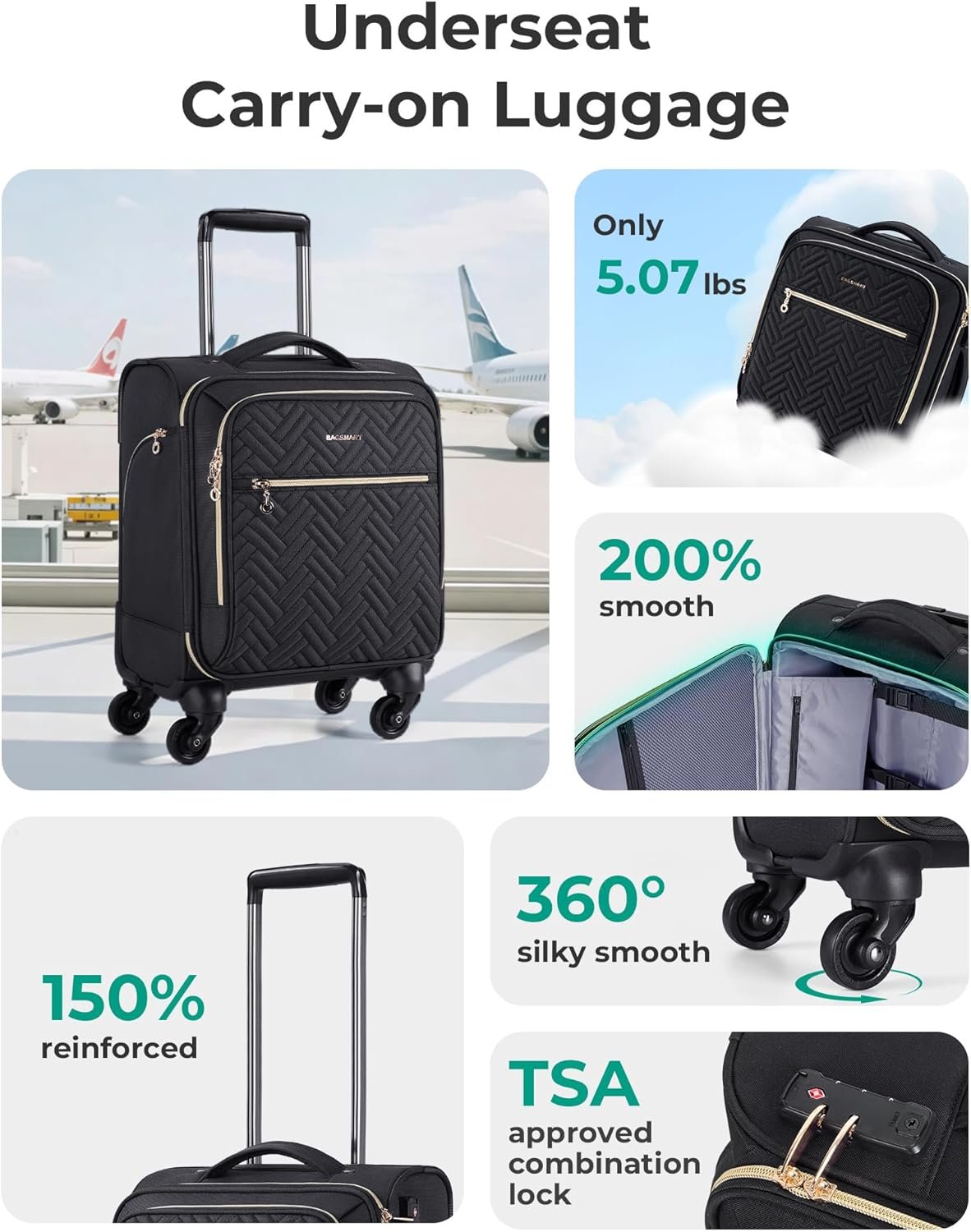 BAGSMART Underseat Carry On luggage Airline approved, 16-inch Softside Underseater Travel Suitcase with Spinner Wheels Lightweight Overnight Bag Small Rolling Carry-on for Women Men Weekender,Black - Image 2
