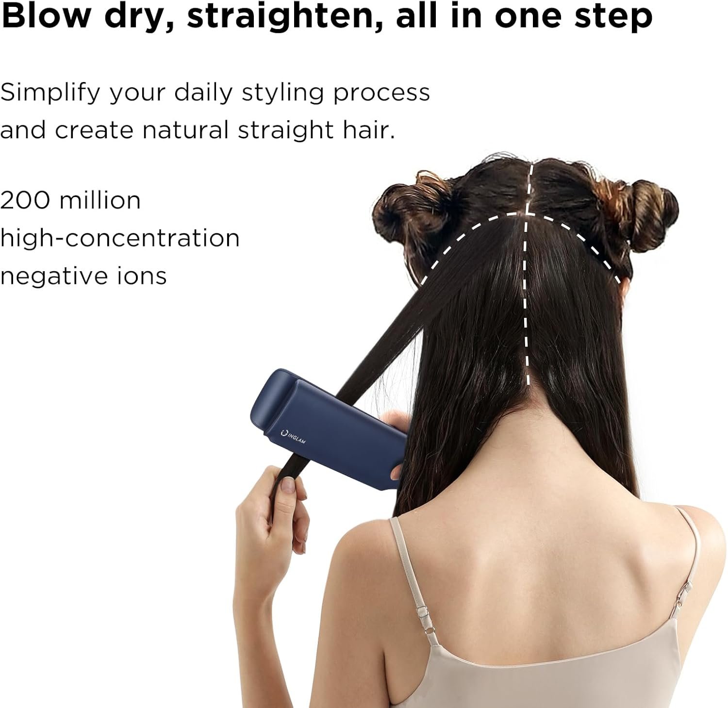 IG INGLAM Air Straight, Style from Wet Hair, 200M Ionic Hair Dryer Straightener for Medium Long Length(14”-30”), Straightener and Dryer 2 in 1, Fast Drying and Straightening in One Step, Dark Blue - Image 8