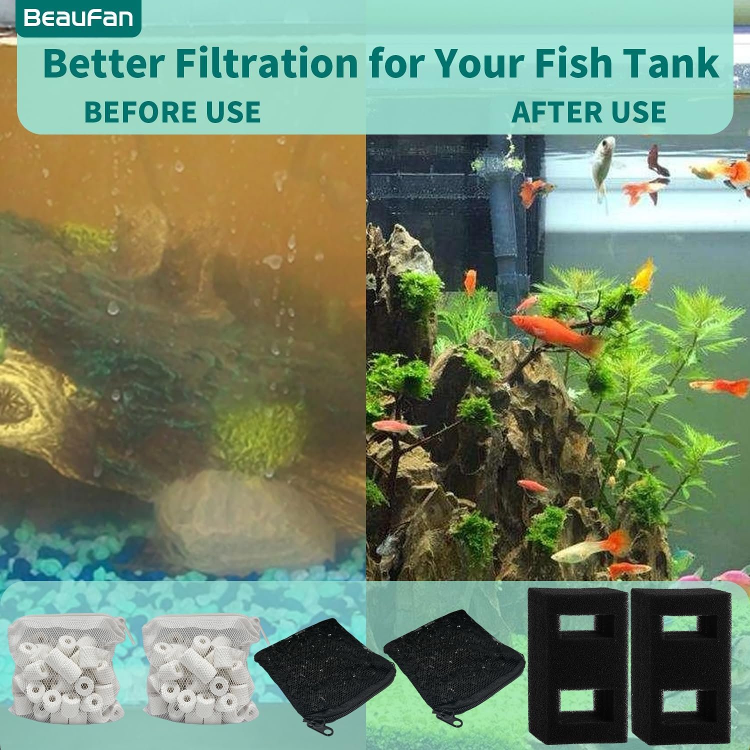 2 Set Aquarium Filter Media Kits Compatible with Fluval Flex (15 Gal) Desktop Aquarium, Includes 2 Carbon Filter Refills, 2 Foam Filters A1375, 2 Ceramic Rings & 1 Filter Cord - Image 6