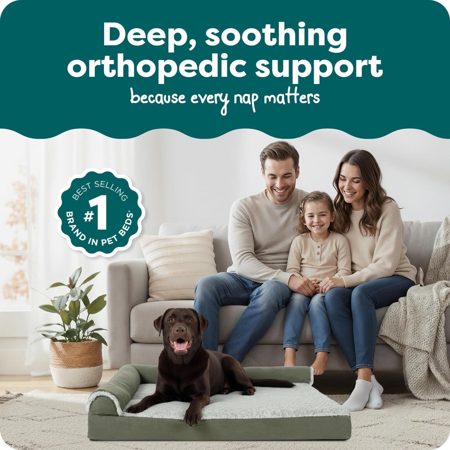 FurHaven Orthopedic Dog Bed for X-Large Dogs, L-Shaped Chaise Contour Mattress with Egg Crate Orthopedic Memory Foam for Joint Support, Removable Washable Cover, Jumbo/XL, Faux Fur & Suede, Dark Sage - Image 2