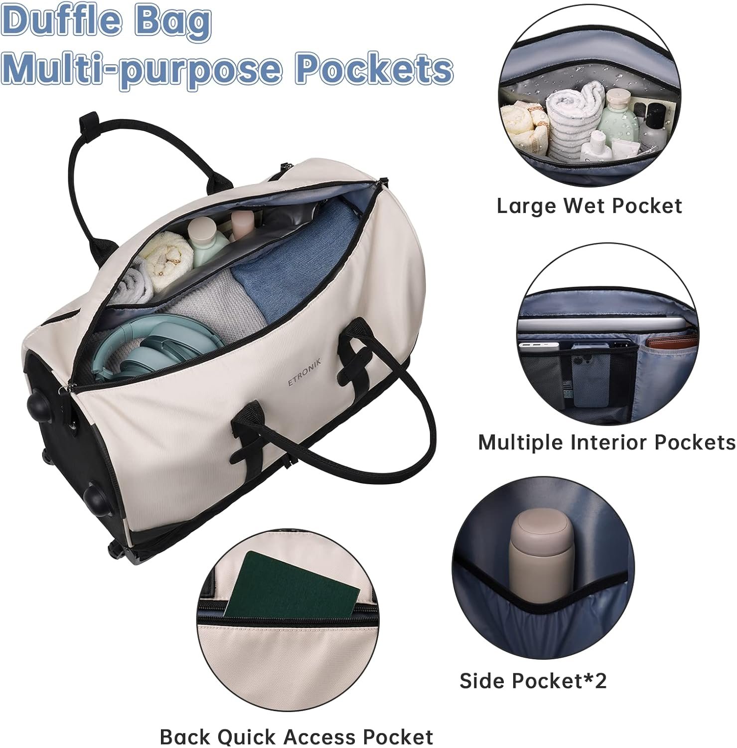 ETRONIK Rolling Duffle Bag with Wheels, 21 Inch Flight Approved Duffle Bags for Travel with Toiletry Bag, Carry on Luggage Travel Bags for Women with Shoe Compartment, Beige - Image 4