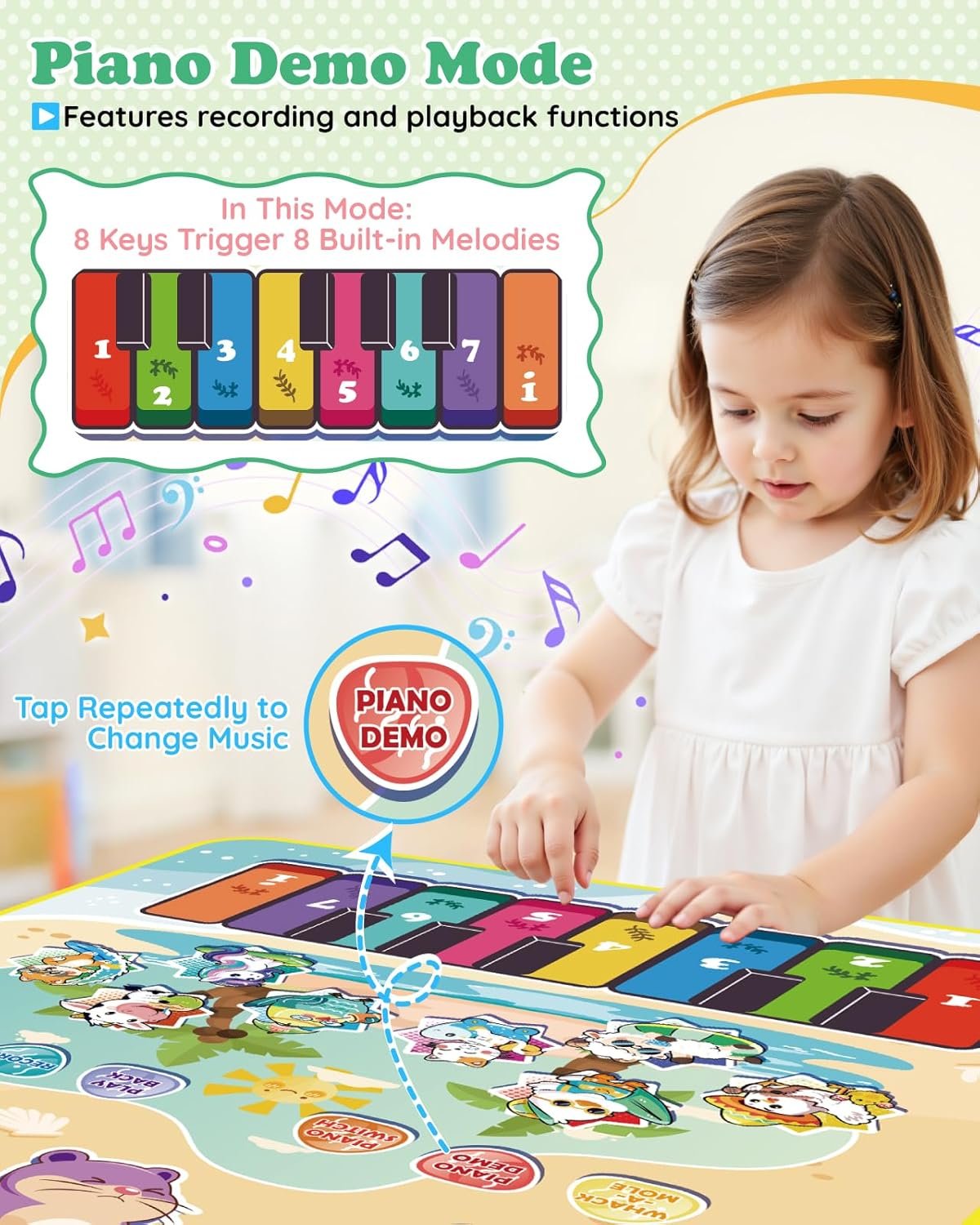 3-in-1 Musical Mat Toys for Toddlers, Led Light Up Mole Bashing & Piano Keyboard & Animal Sounds with 2 Drum Sticks,Early Educational Musical Learning Toys, Birthday Gifts for 3+ Boys & Girls - Image 3