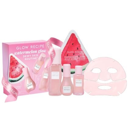 Glow Recipe Watermelon Glow Dewy Skin Routine Kit - Full Size Dew Drops Serum, Full Size Pink Juice Moisturizer, Travel Size PHA+BHA Pore-Tight Toner & Watermelon Jelly Sheet Mask (4 Count)