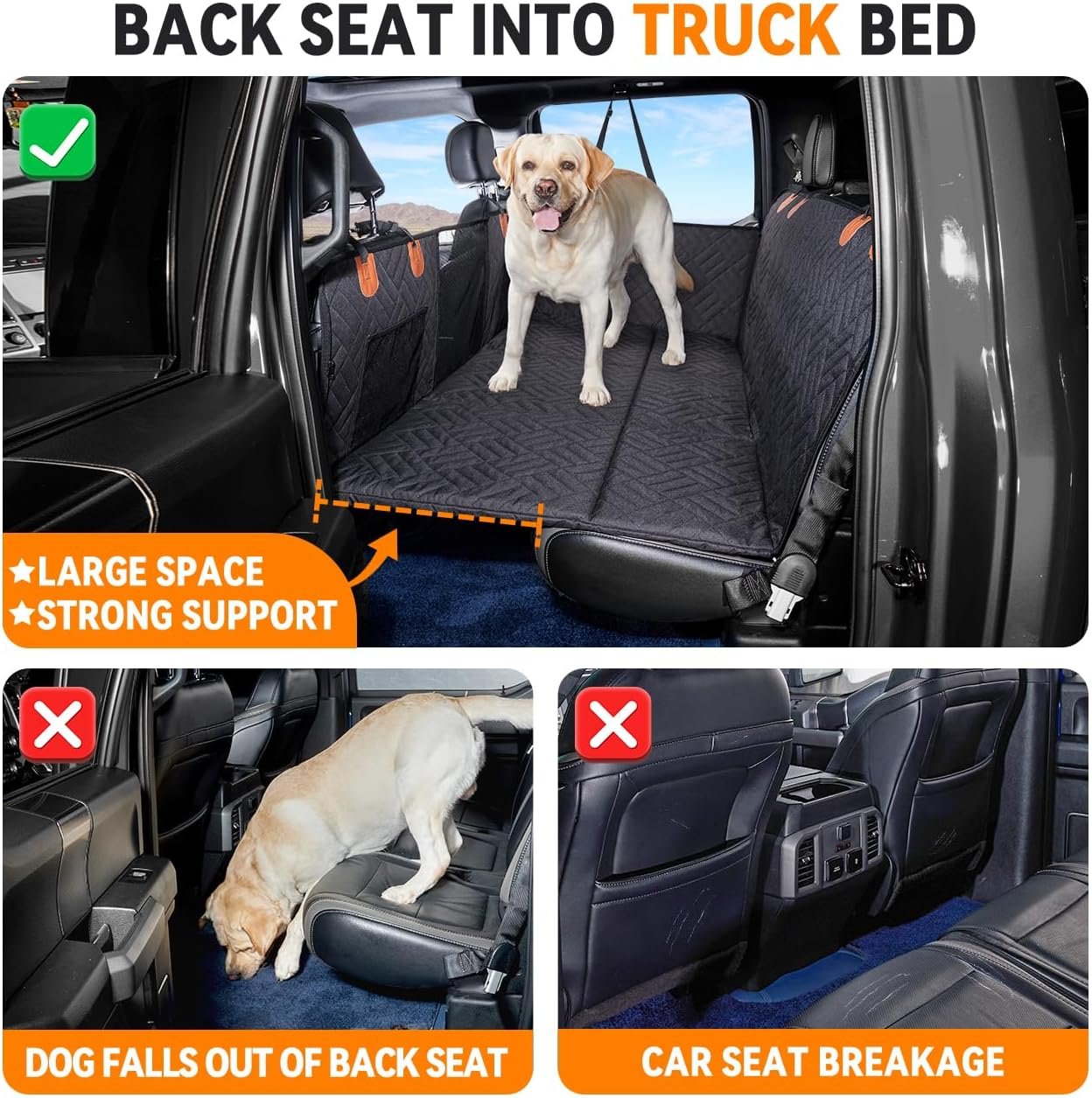 YJGF Dog Back Seat Extender for Truck,Truck Seat Cover Back Seat,Dog Hammock for Truck,Pet Seat Covers for Dogs,Hard Bottom Seat Extender for Dogs,Dog Seat Cover for F150/RAM1500/Silverado (Black) - Image 3