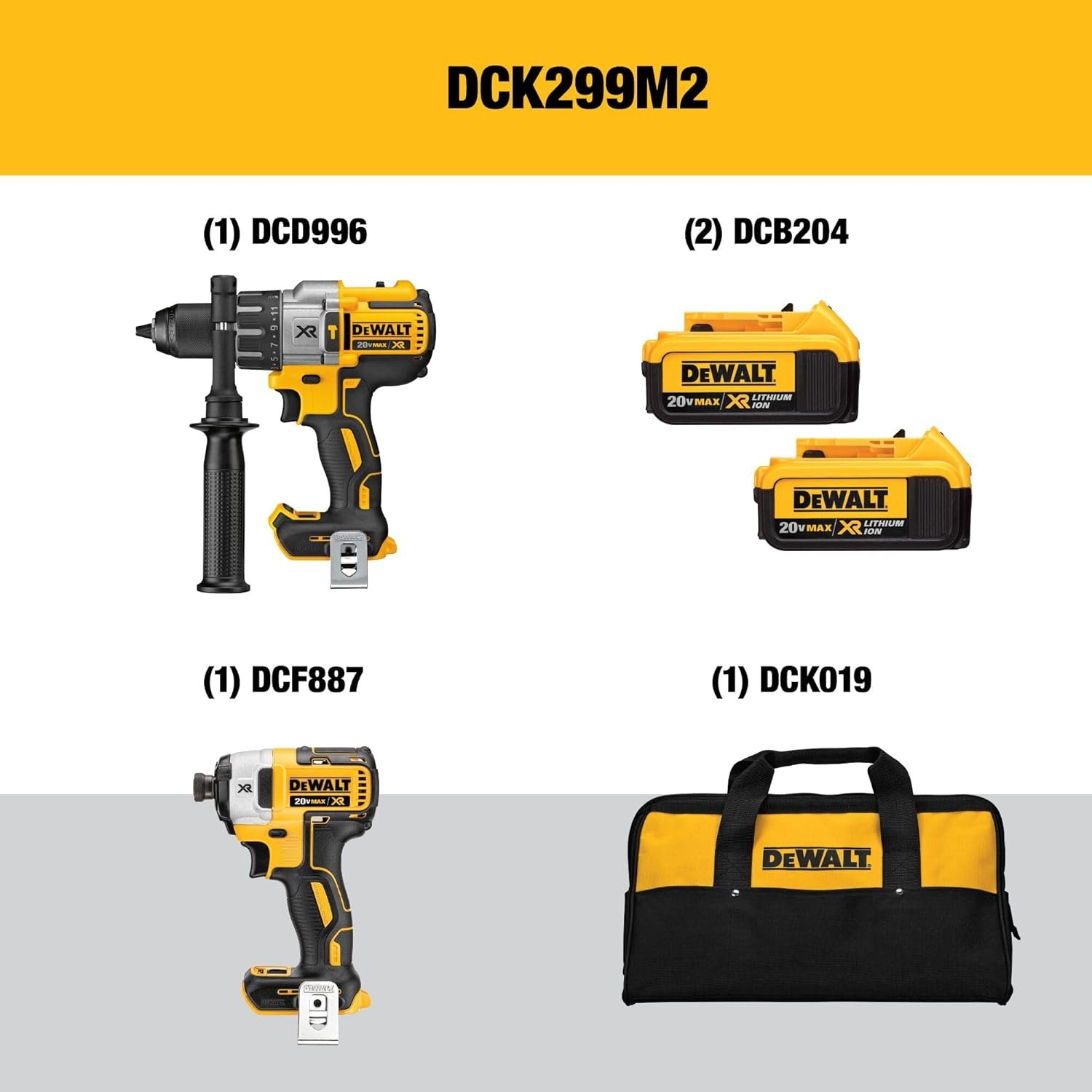 DEWALT 20V MAX Hammer Drill and Impact Driver, Power Tool Combo Kit with 2 Batteries and Charger, Cordless Brushless XR Premium 4.0Ah, LED Light, Tool Bag (DCK299M2) - Image 2