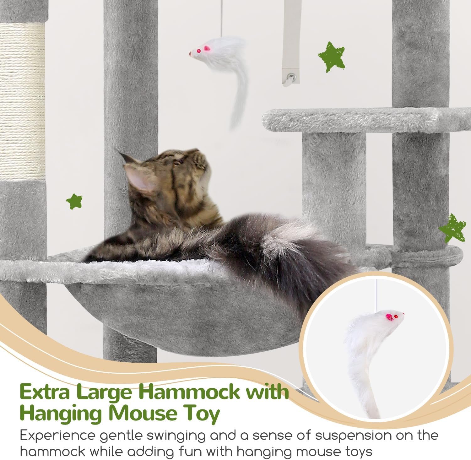 Globlazer Heavy Duty Cat Tree, 70 inch Sturdy Cat Tree for Indoor Cats Extra Large Cat Tower with Scratching Post, Hammock, Cat Condo for Adult Cats Kittens, F70 Pro, Light Grey - Image 3