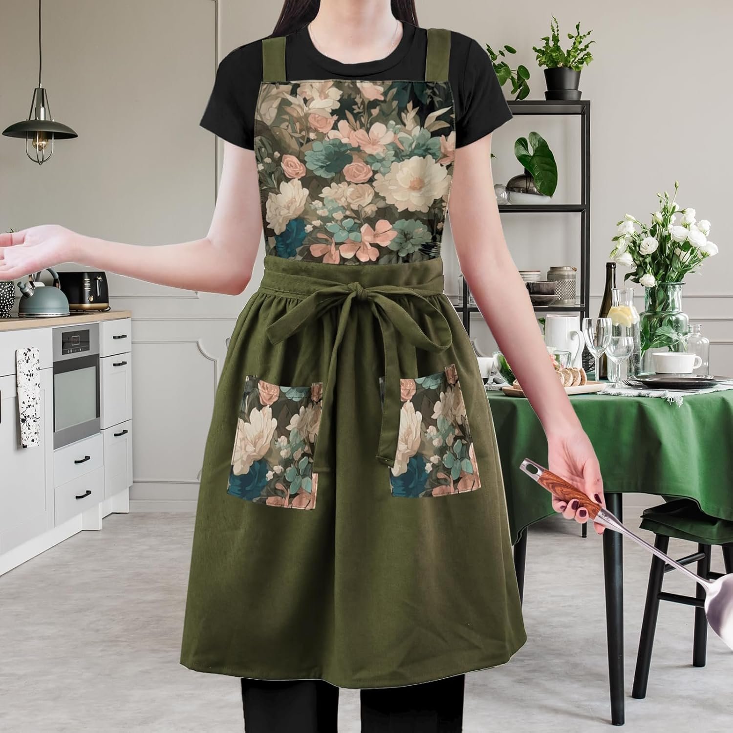Vintage Cute Apron Dress for Women with Pockets,Cross Back Pinafore Aprons for Cooking,Baking,Kitchen,Gardening - Image 6