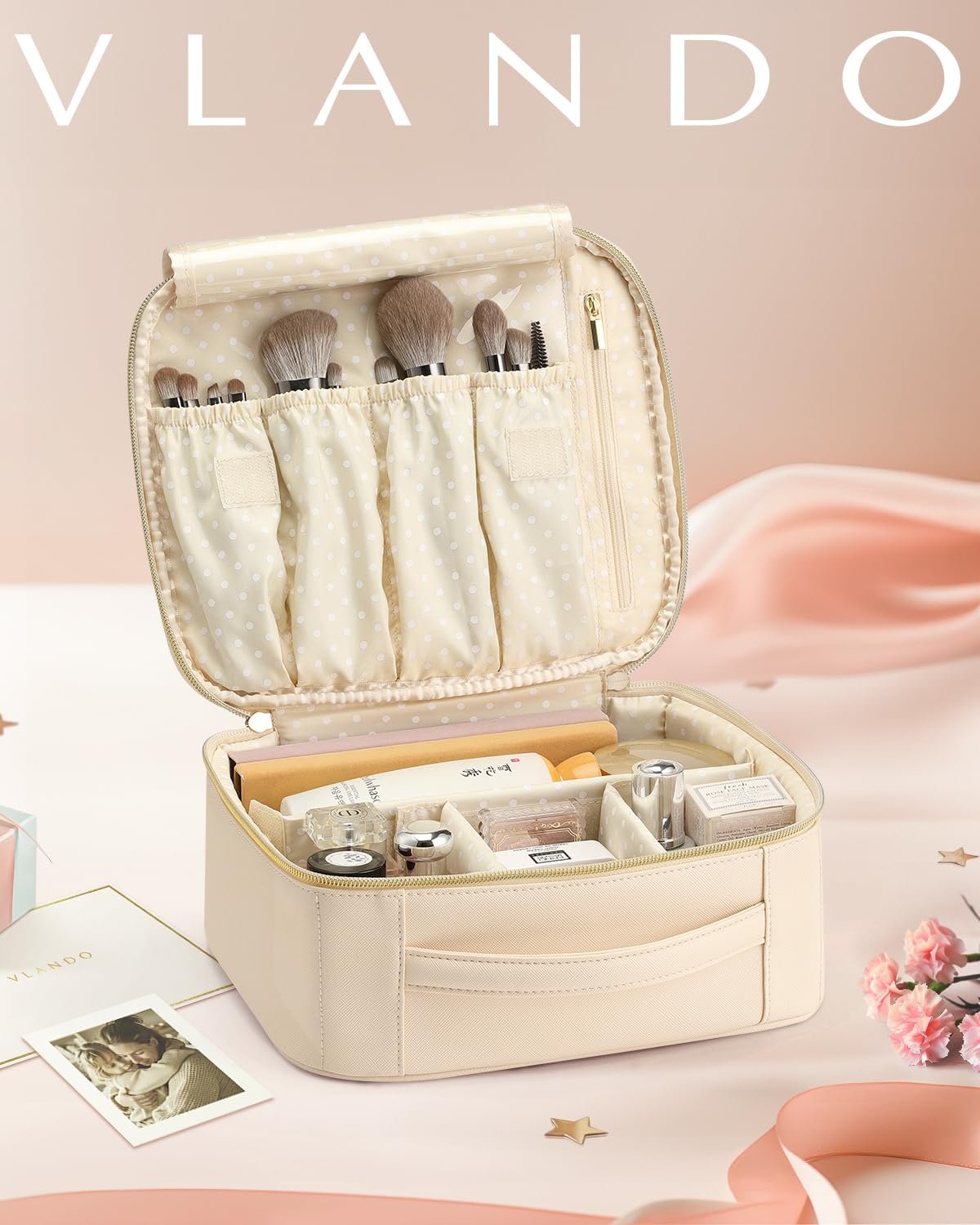 Vlando Travel Makeup Bag, Makeup Bag Organizer,Gift Ideas for Women Girls,Makeup Storgae Bag with Dividers and Handle,Gifts for Christmas,Birthday,Wedding Beige - Image 7