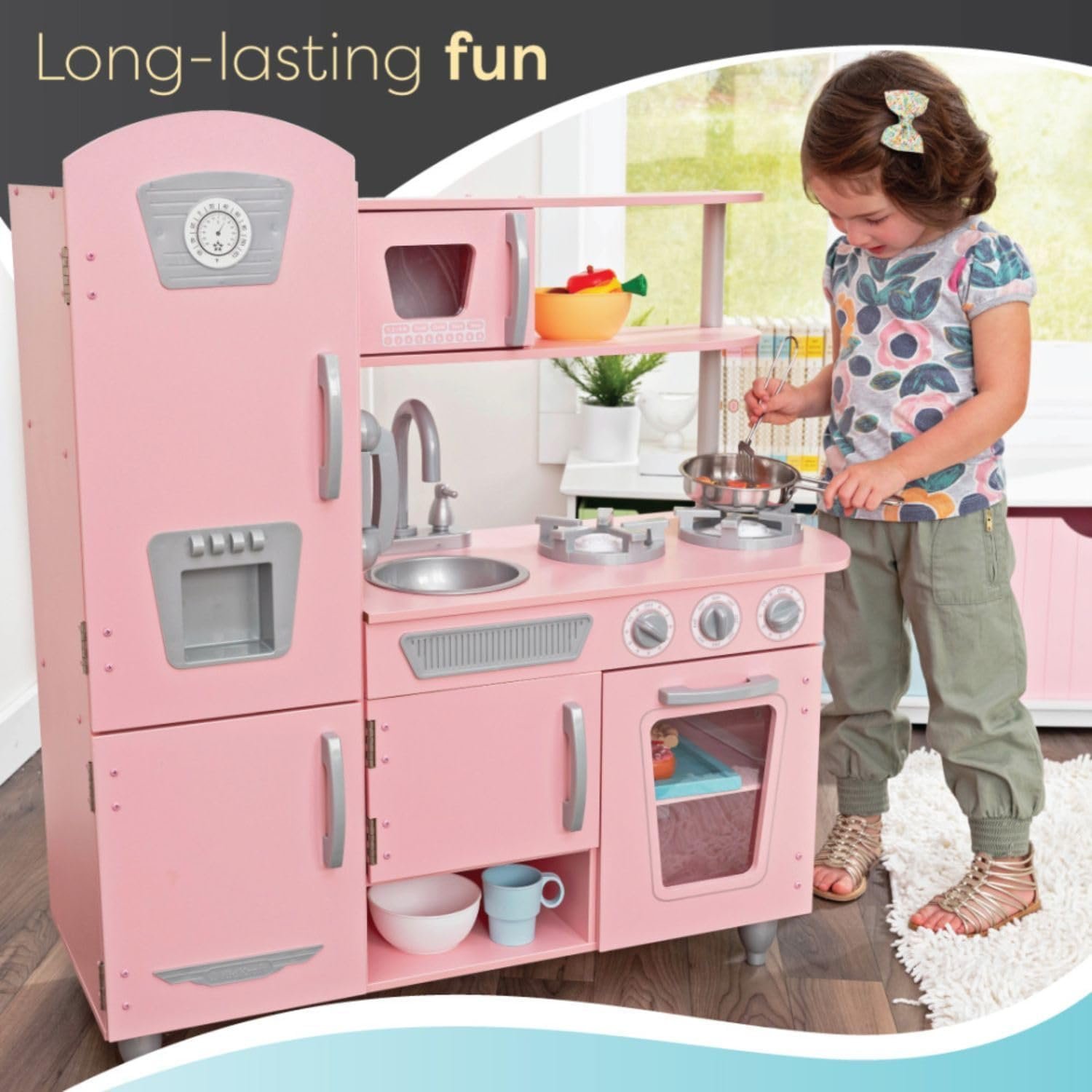 KidKraft Vintage Wooden Play Kitchen with Pretend Ice Maker and Play Phone, Pink - Image 10