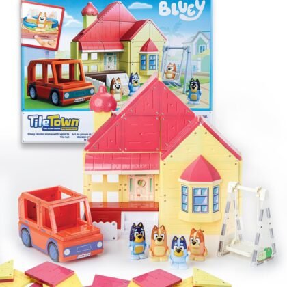 Tile Town Bluey Heeler Family Home 52-Piece Magnetic Tile Playset, Interactive STEM Magnetic Tiles Toys, Includes Bluey & Bingo Figures, Action Tiles
