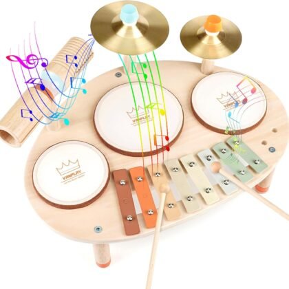 Drum Set for Toddler - Toys for 2 3 4 Year Old Girls Boy Gifts - 9 in 1 Wooden Montessori Musical Instruments with Xylophone for Kids 3-5, Christmas Birthday Gifts for Toddlers 2-4