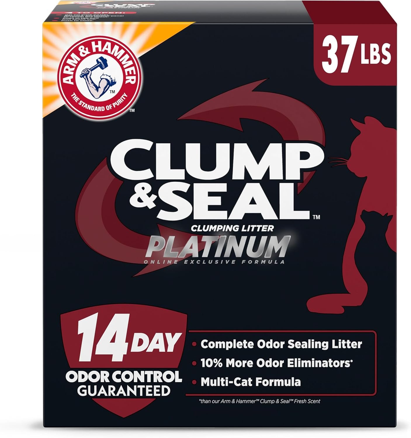 ARM & HAMMER Clump & Seal Platinum Cat Litter, Multi-Cat, 14-Day Odor Control, Rock-Hard Clumps, 37 lbs – Powerful Odor Eliminator with Baking Soda