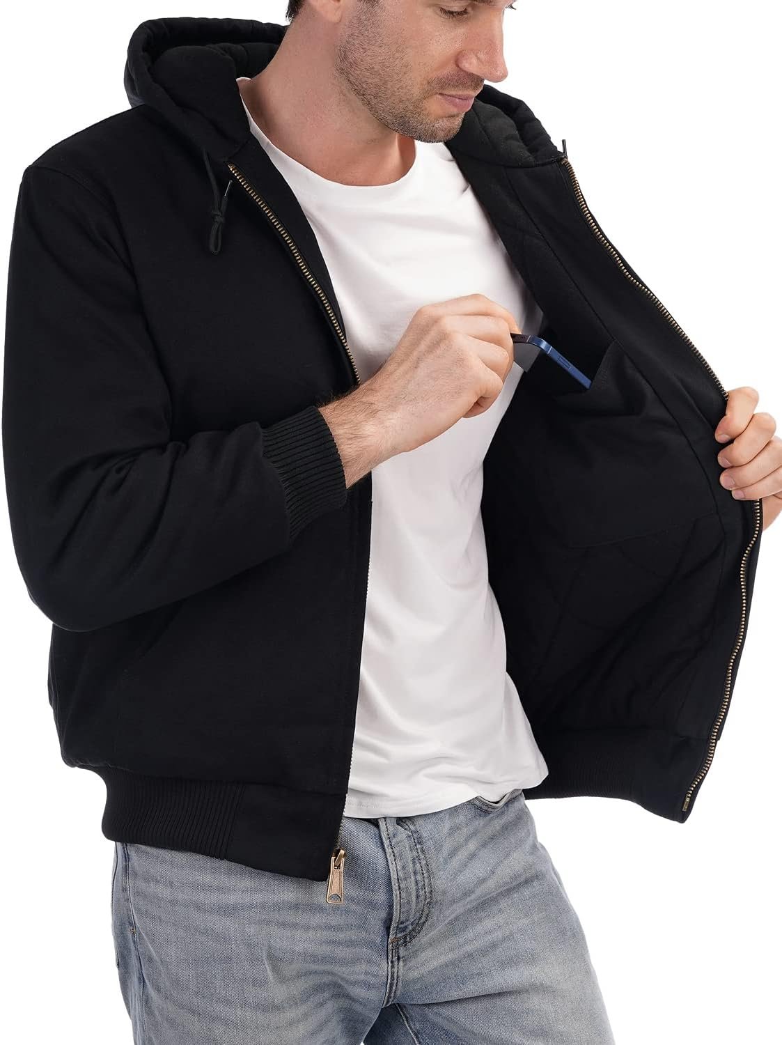 Men's Loose Fit Quilted Flannel Lined Workwear Waterproof Active Jacket Hooded Work Coat - Image 5