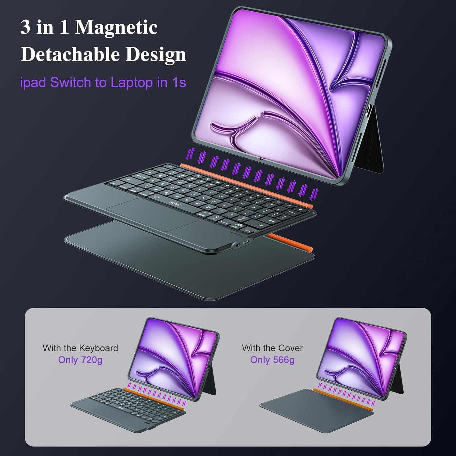 iPad Air 13 inch Case Keyboard (M3 M2, 2025 2024),Wireless iPad Keyboard for Pro 12.9 inch 6/5/4/3rd Gen,Magnetic Detachable with Trackpad,7-Color Backlit,Landscape/Portrait,Adjustable Stand (Gray) - Image 4