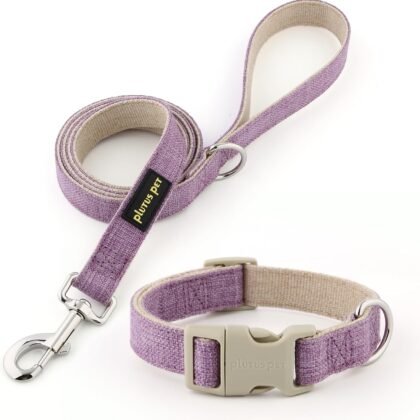 Plutus Pet Cotton Hemp Dog Collar and Leash Set, Adjustable Collar for Small, Medium, and Large Dogs, Heavy Duty and Soft on Skin, Lavender, S