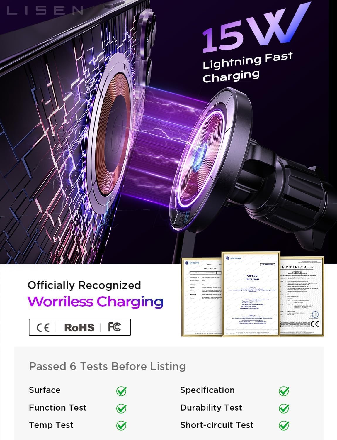 LISEN for 15W MagSafe Car Mount Charger,Magnetic Wireless Car Charger for iPhone 17 Pro Max Accessories,Magnetic Phone Holder for iPhone 17-12,Samsung,Pixel,Jeep Ford F150 Accessories,Gifts - Image 4