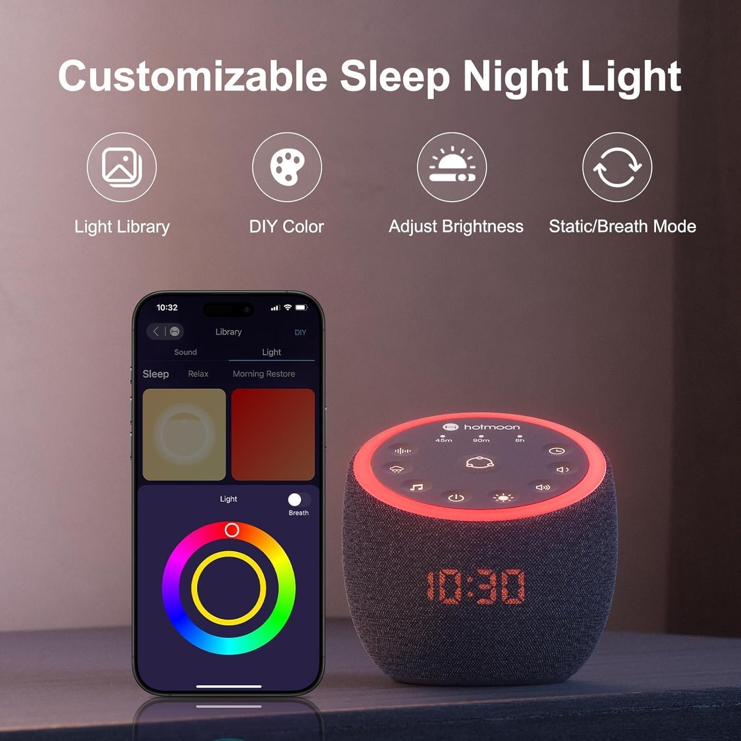 Hotmoon Sound Machine, Cocoon Pro 2 White Noise Machine for Sleeping Adults, 388 Non Looping Sounds & Sleep Timer, Smart App Control Night Light, Nature Sound Pink Green Brown Noise Maker, Plug in - Image 8