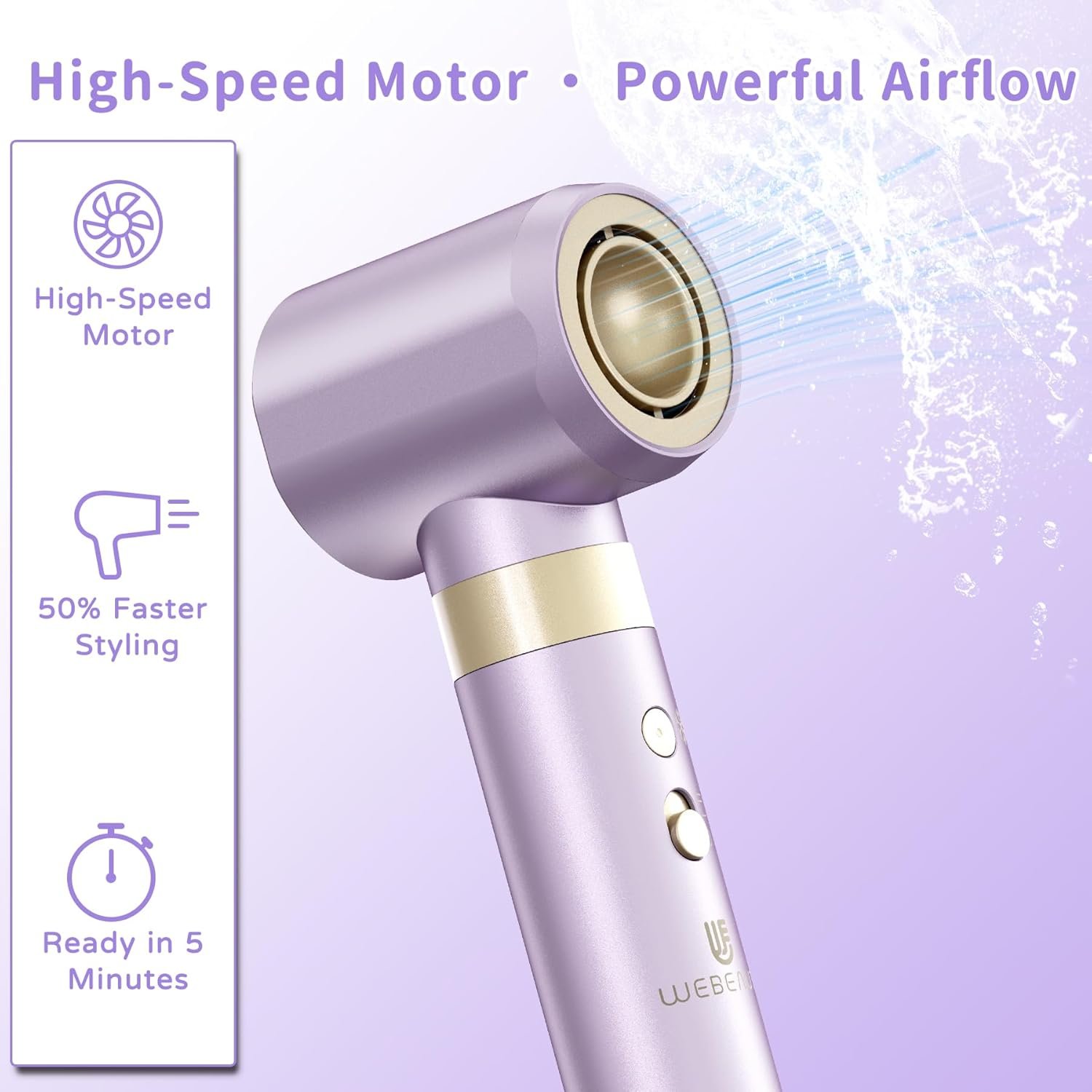 Hair Dryer Brush 8-in-1 Dual Voltage Hot Air Styler – Fast-Drying 110,000 RPM Ionic Blow Dryer with Straightener & Curler Attachments, Frizz-Free Volumizing Styler with Protective Hard Case-Purple - Image 3