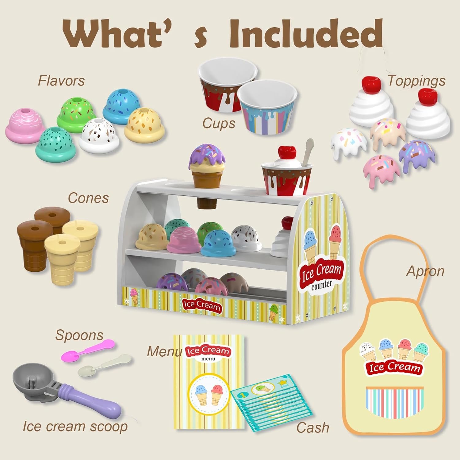 Ice Cream Toy for Kids - Toys for 3 4 Year Old Girls, Wooden Ice Cream Counter Shop Pretend Play Food with Apron, Scoop, Menu, Fake Money, Gifts for Boys Girls Toddlers Ages 3 4 5 - Image 2