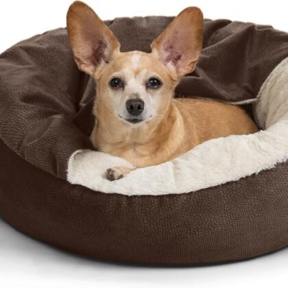 Best Friends by Sheri Cozy Cuddler Ilan Covered Cat and Dog Bed with Attached Blanket, Dark Brown, 24"x24"