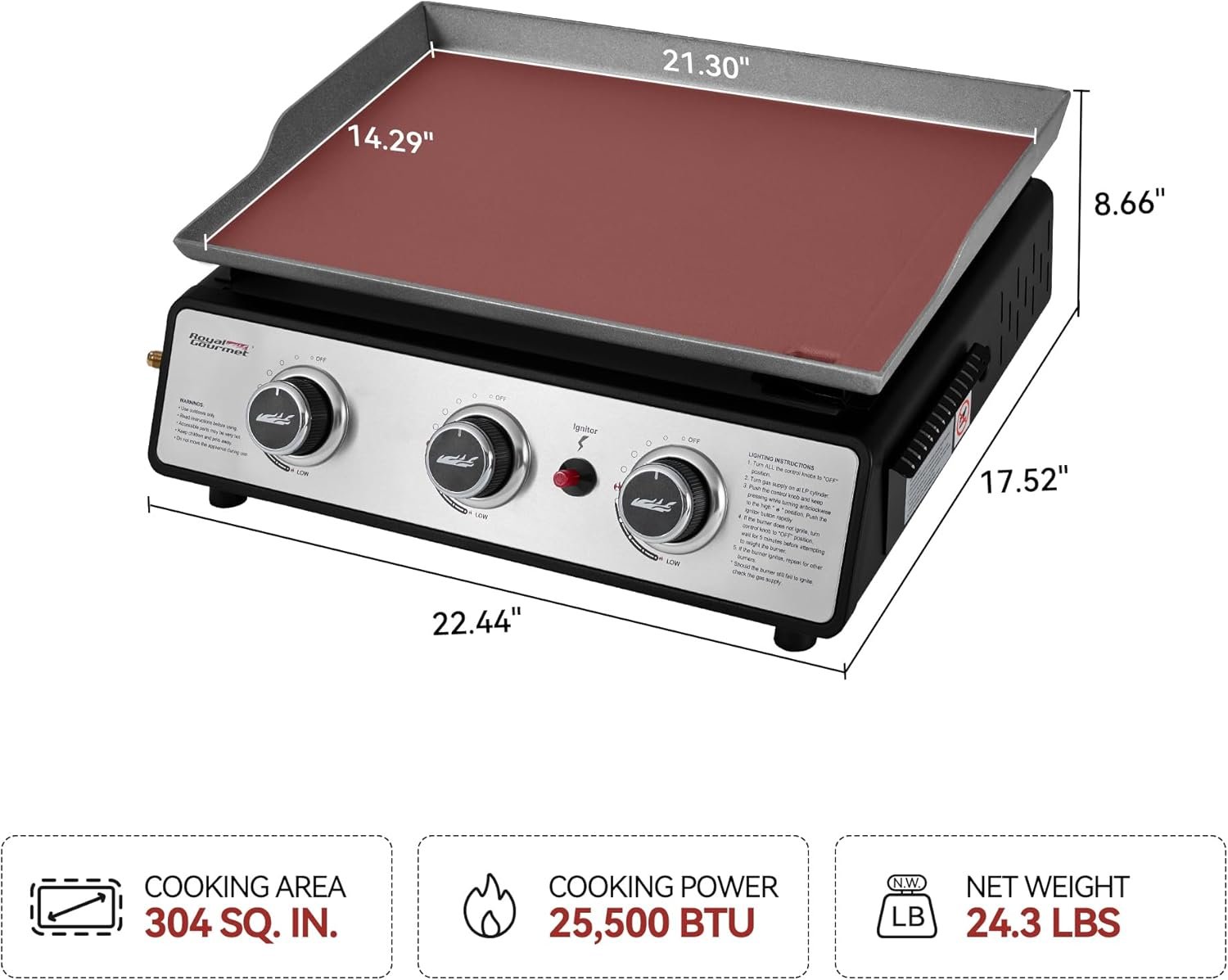 Royal Gourmet PD1301S Portable 3-Burner Tabletop Gas Griddle, 25,500 BTU Cooking Power, 304 Sq. In. Cooking Surface, Ideal for Camping & Tailgating, Black & Silver - Image 3