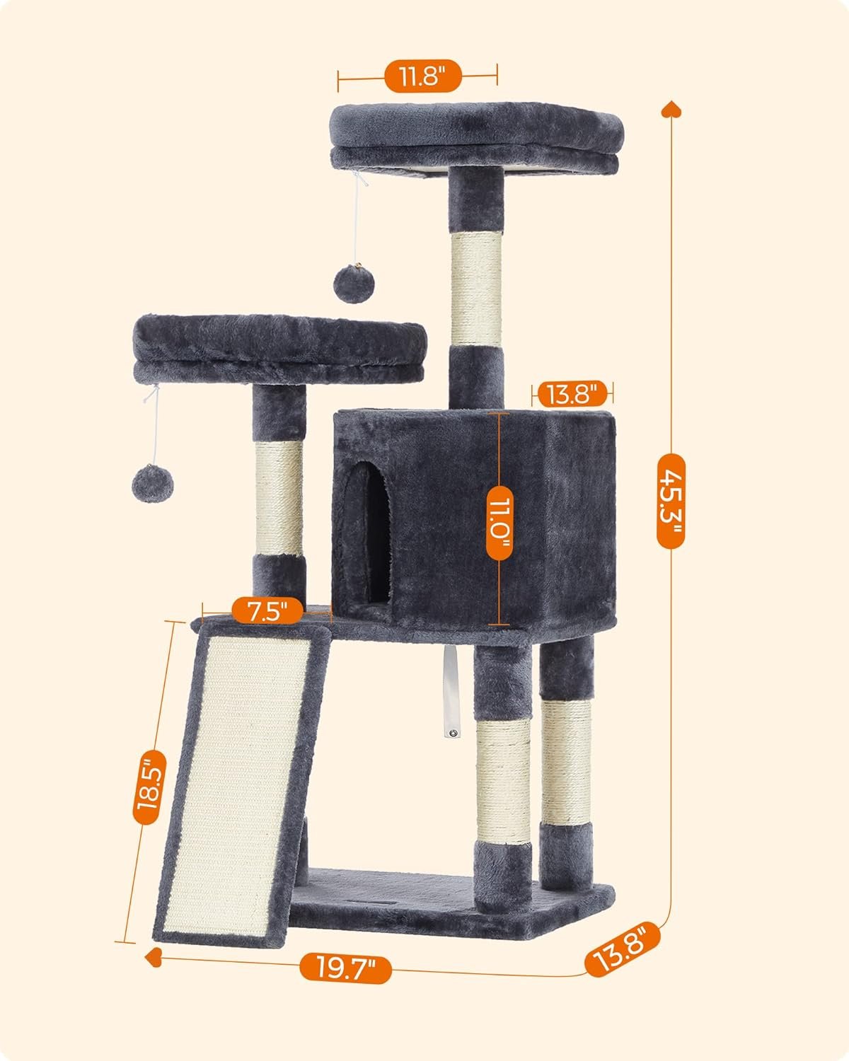 Feandrea Cat Tower, Cat Tree for Indoor Cats, 45.3-Inch Cat Condo with Scratching Post, Ramp, Perch, Spacious Cat Cave, for Kittens, Elderly Cats, Adult Cats, Small Space, Smoky Gray UPCT141G01 - Image 6
