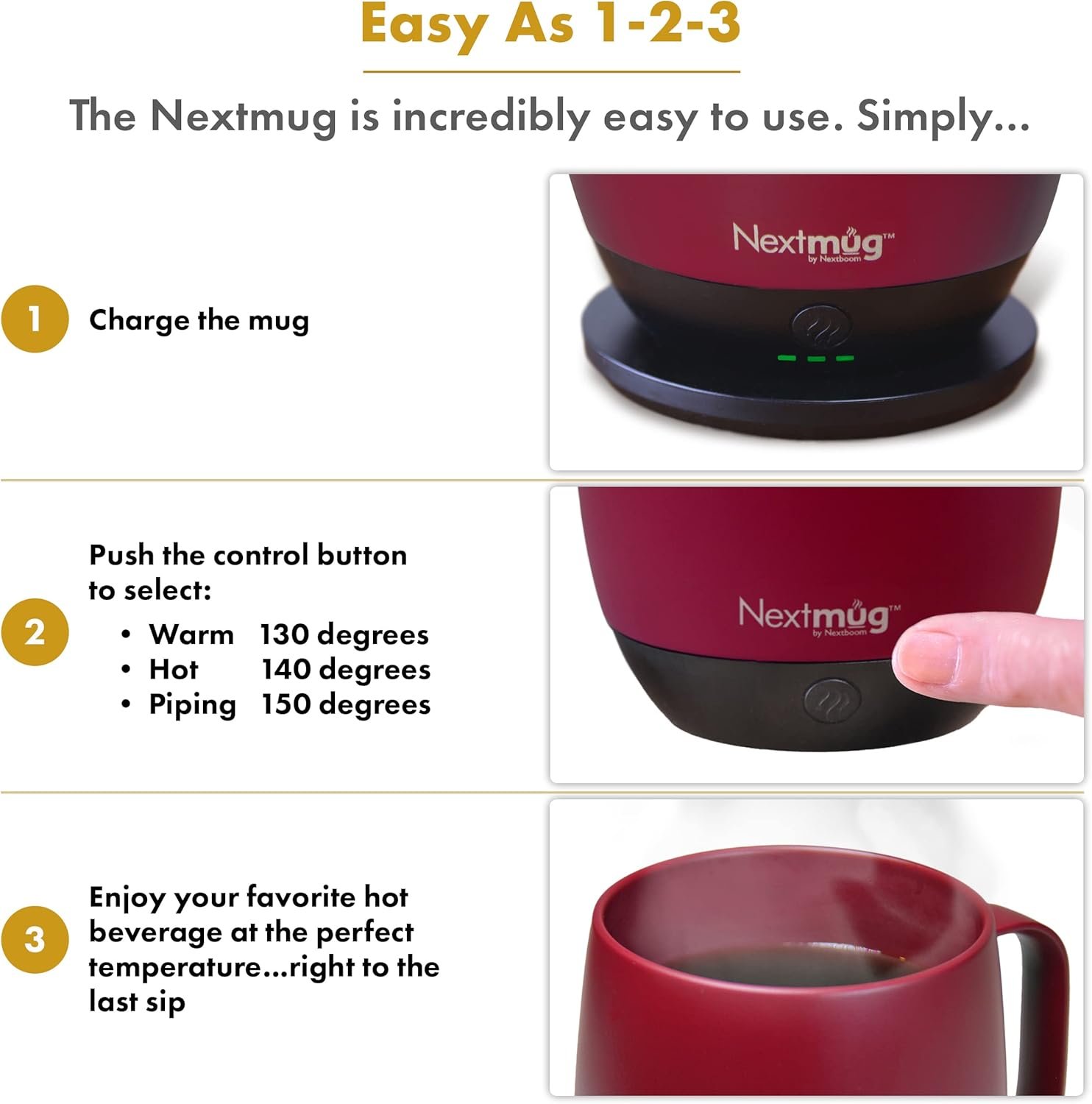 Nextmug - Temperature-Controlled, Self-Heating Coffee Mug (Burgundy - 14 oz.) - Image 4
