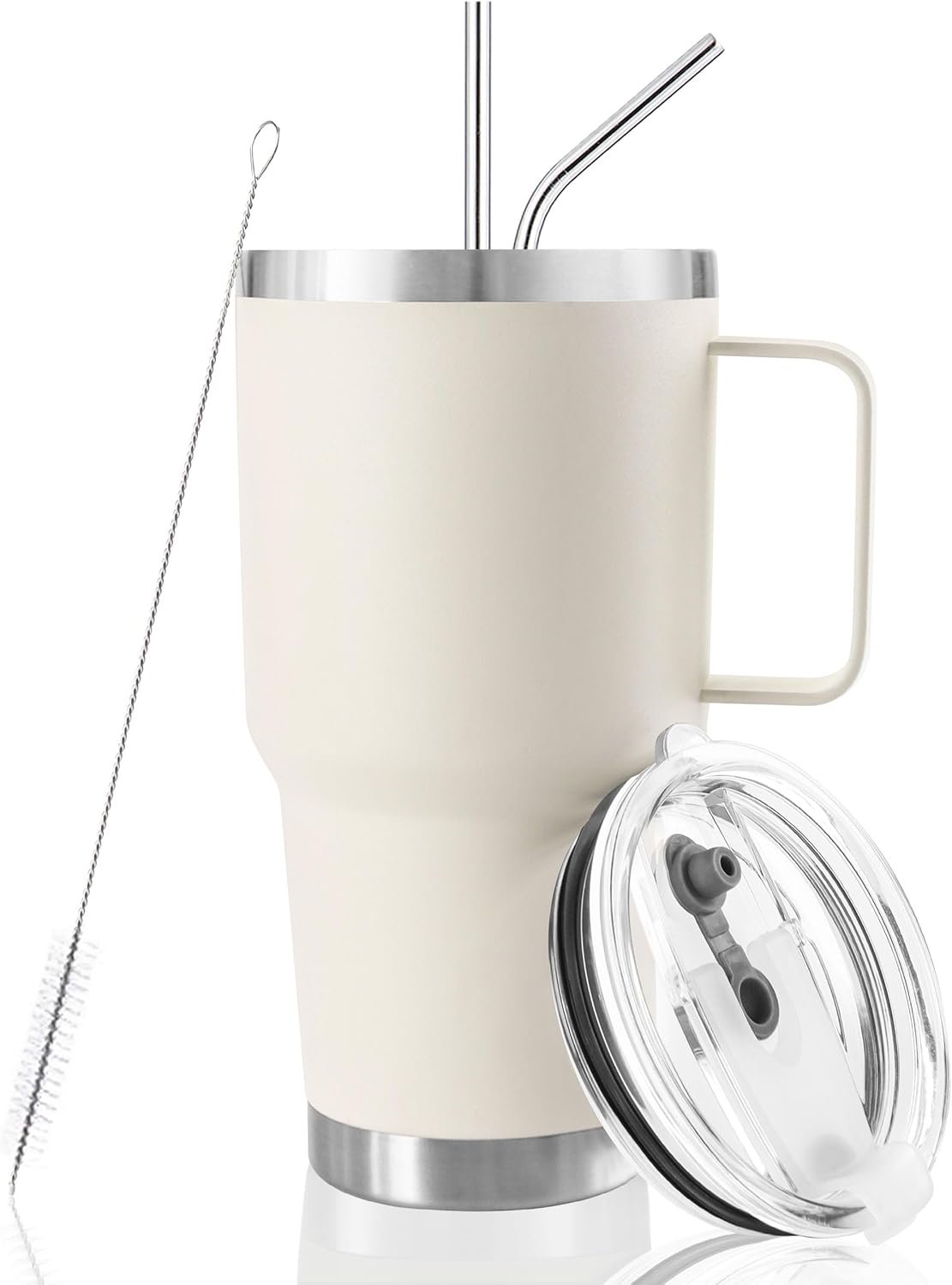 30 oz Tumbler With Handle, Double Wall Stainless Steel Vacuum Insulated Travel Mug with Splash-Proof Lid Metal Straw and Brush (Cream)