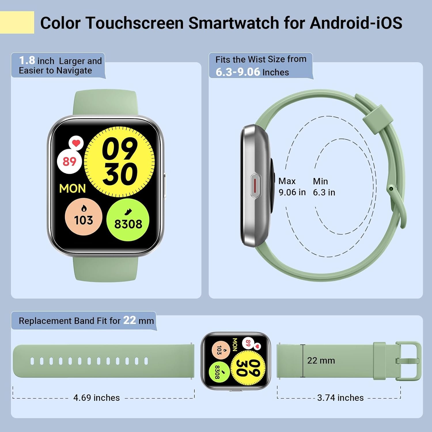 Smart Watches for Women/Men, Smart Watch for Android Phones & iPhone, Fitness Watches for Women with Alexa, Call & Notification Alerts, Tracks Heart Rate/Sleep Smartwatches (Green, 1.8 inches) - Image 6